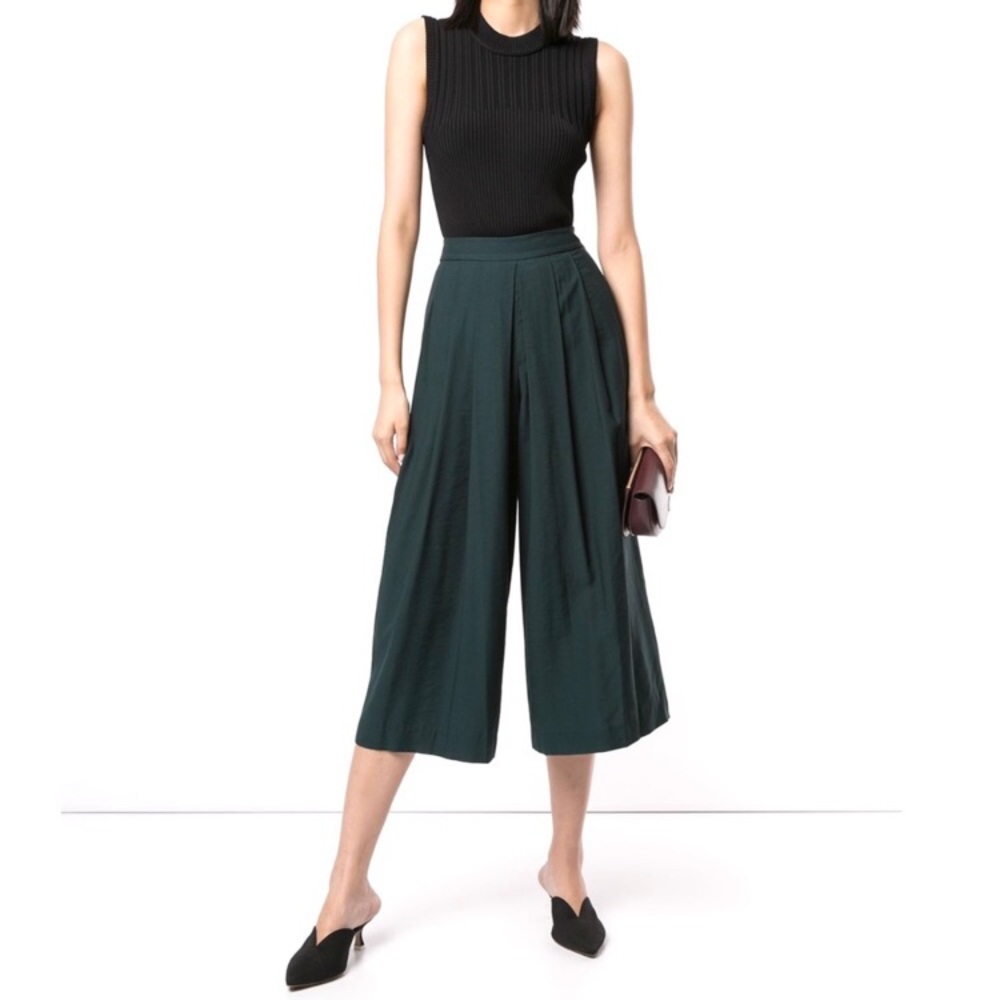 Vince Deep Emerald Green Pleated Cropped Culottes